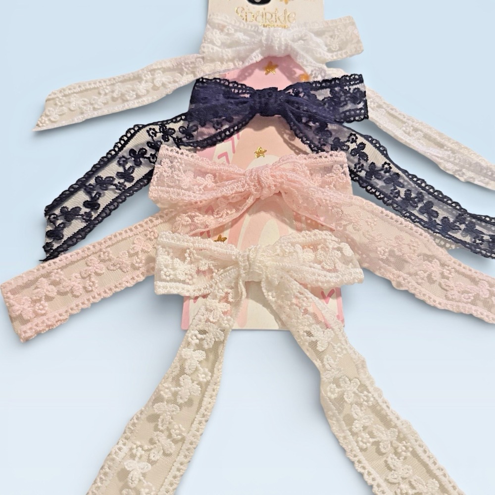 Set of 4 Lace Hair Bows Long Tails Coquette Soft Girl Y2K Floral Ribbon Fairycor
